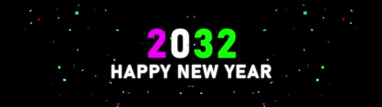 Happy New Year 2032 Celebration Banner with Colorful Confetti, Neon Gradient Numbers, Festive Typography, Holiday Greeting, Midnight Party, Modern Celebration Design