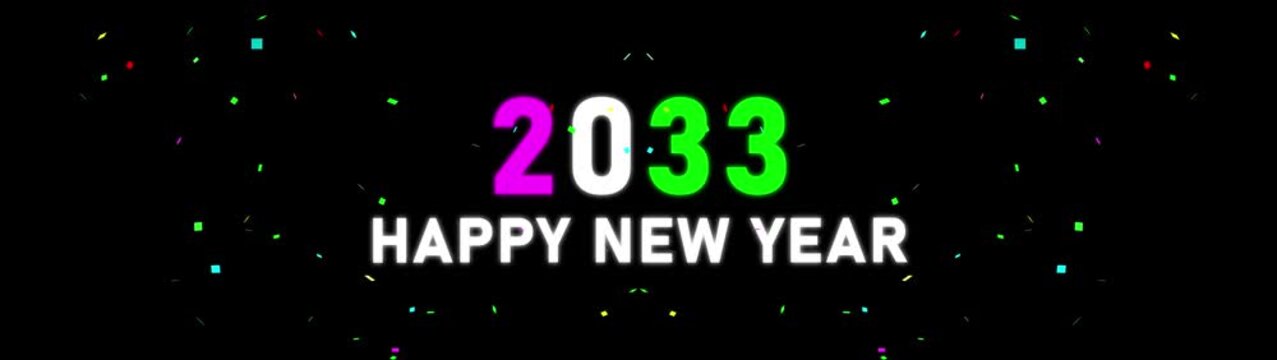 Happy New Year 2033 Celebration Banner with Colorful Confetti, Neon Gradient Numbers, Festive Typography, Holiday Greeting, Midnight Party, Modern Celebration Design