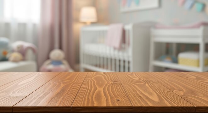 Empty Brown Wooden Table Top with Blurred Baby Nursery Interior Background