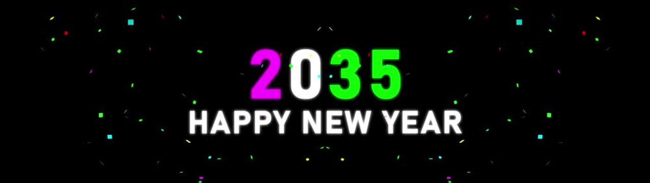 Happy New Year 2035 Celebration Banner with Colorful Confetti, Neon Gradient Numbers, Festive Typography, Holiday Greeting, Midnight Party, Modern Celebration Design