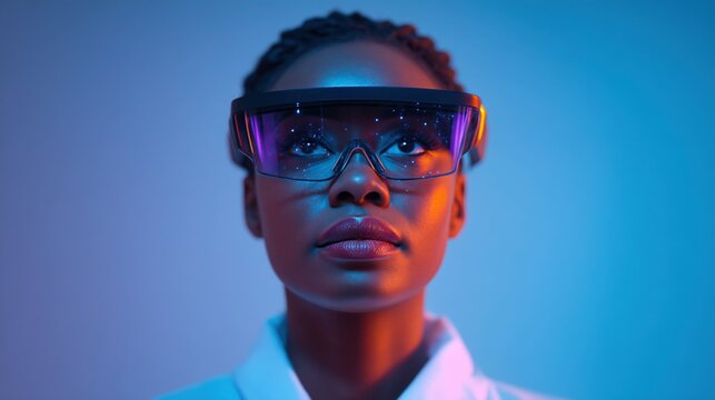 A confident woman wearing futuristic smart glasses looks upwards, illuminated by cool blue and purple lighting in a tech-inspired setting.