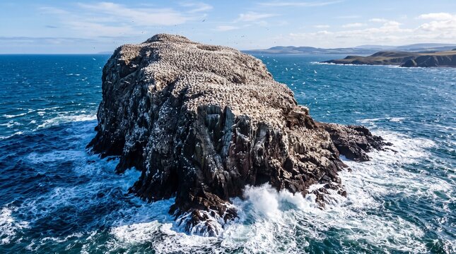 Aerial view of a rugged, weathered sea stack rising from the turbulent blue waters of the ocean, with white waves crashing against the rocky base along a scenic coastal shoreline under a bright sky