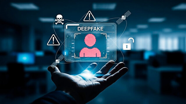 Digital deepfake technology concept with a human hand holding a hologram of a person, symbolizing artificial intelligence and misinformation.
