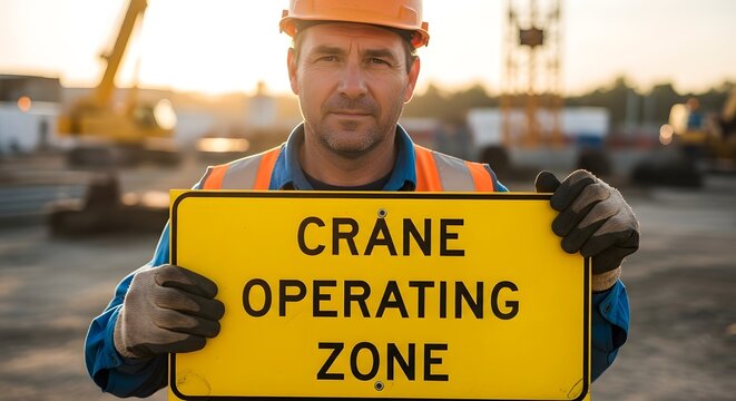 A construction worker holding a Crane Operating Zone sign at a construction site, emphasizing safety and industrial operations.