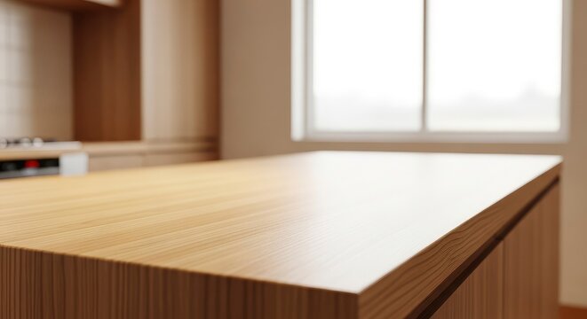 Empty Wooden Kitchen Island Countertop with Blurred Modern Interior Background for Product Display