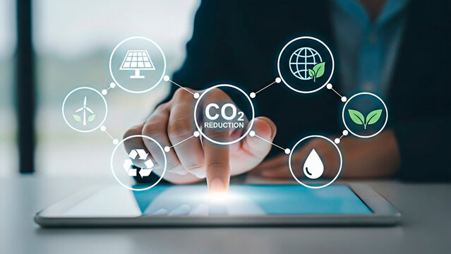 Finger touching a tablet screen showing CO2 reduction and environmental icons for the concept of technology and eco-friendly.