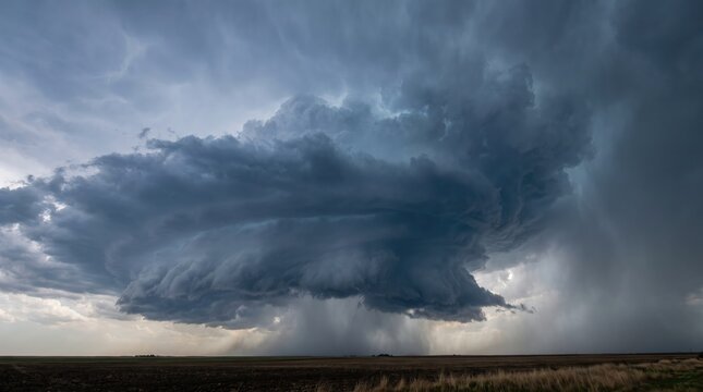 A dramatic supercell thunderstorm cloud formation looming over a flat landscape during a stormy afternoon sky