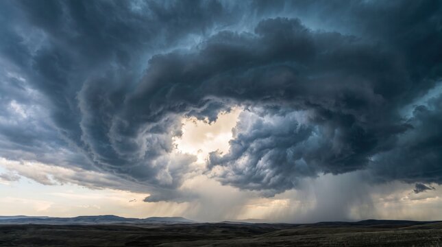 Dramatic supercell thunderstorm with dark swirling clouds and heavy rain over the flat prairie landscape