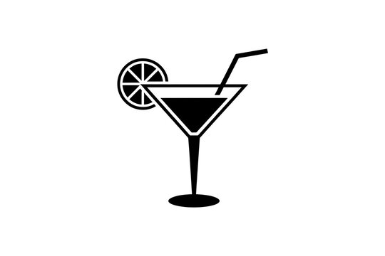 Black martini cocktail glass icon with a slice of lemon and a drinking straw isolated on white background
