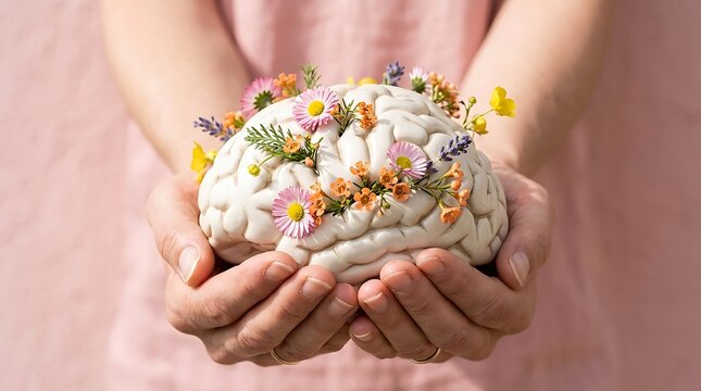 Person holding a human brain model decorated with colorful flowers and leaves on a soft pink background for mental health