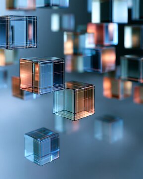 Abstract Glass Cubes Reflect Light on a Blue Background, Modern Art