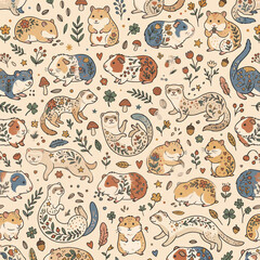 Naklejka premium Whimsical Woodland Creatures: A charming seamless pattern featuring adorable hamsters, guinea pigs, and ferrets adorned with floral motifs and surrounded by mushrooms and leaves.