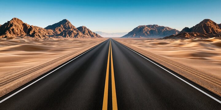 Desert highway leading to distant mountains horizon