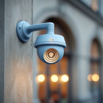 Security Camera Mounted on Building Exterior Wall.
