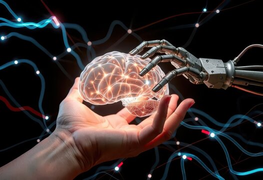 A human hand and a robot hand holding a glowing digital brain, a concept of artificial intelligence and neural networks.