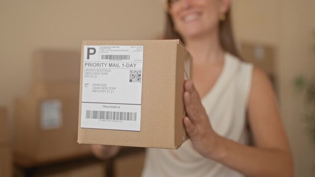 Woman holds cardboard shipping box with visible hand and smile in a building packing area for small business orders; entrepreneurial pride.