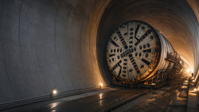 Tunnel Boring Machine Cutterhead inside Underground Construction Shaft with Copy Space