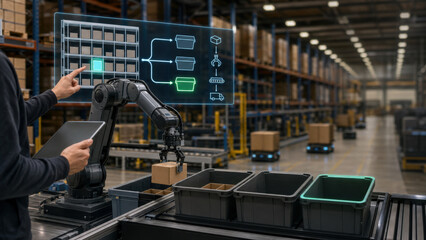 Fototapeta premium Robotic Fulfillment Warehouse Center with Holographic Control Interface