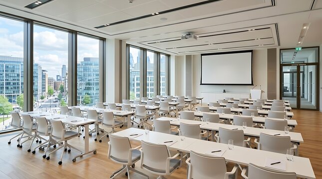 Modern professional empty conference room with rows of chairs and desks and a large projection screen near city windows
