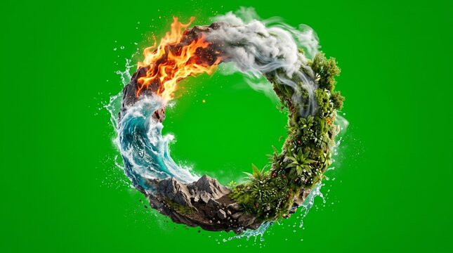 Four elements circle with fire water earth air. Nature power ring on green background.