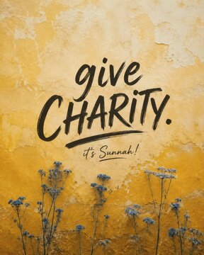 Give charity quote on textured wall. Islamic religious message for donation and support.