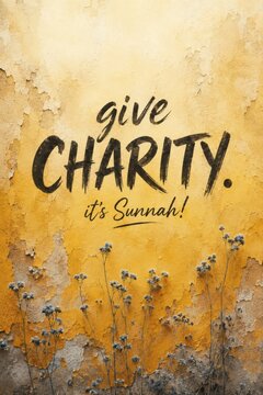 Give charity quote on textured wall. Islamic religious message about kindness and giving.