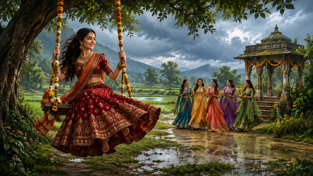 Happy hariyali teej and kajari teej joyful woman swinging near temple pavilion while friends celebrate amid lush monsoon mountains and dramatic clouds