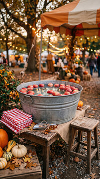 Metal tub filled with water and apples for bobbing at autumn fair. Traditional game at Halloween carnival celebration. Seasonal outdoor festival decor with pumpkins and fairy light.