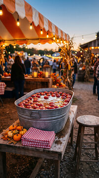 Apple bobbing game at outdoor autumn festival. Metal tub with floating red fruit on rustic wooden table for traditional Halloween party. Seasonal harvest celebration decor and activity.