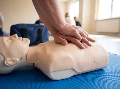 Hands Performing Chest Compressions on CPR Training Manikin During First Aid Class in Bright Practice Room