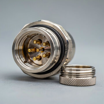 Close-up of a round metal electrical connector with multiple pins, suitable for industrial applications