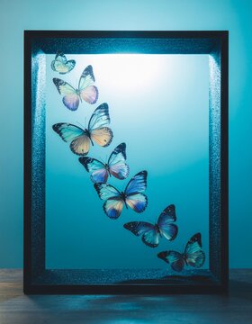 Blue butterflies flying inside a black frame placed against a blue background
