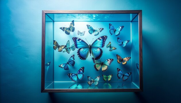 Blue butterfly specimen collection in a black glass display case against a blue background