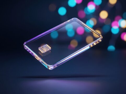 Transparent glass credit card floating with gold chip