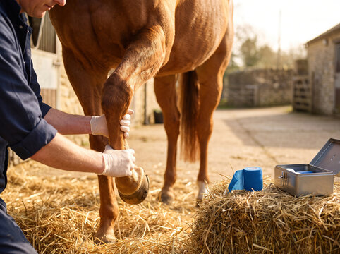 Equine Veterinarian Hands Examining Horse Foreleg With Bandage Roll Nearby in Sunlit Stable Yard