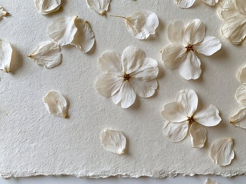 Pressed White Delicate Flowers and Petals on Textured Paper Background