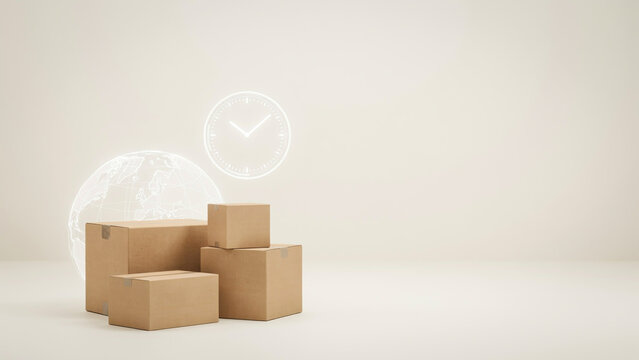 Cardboard delivery boxes stacked with digital clock and earth globe wireframe graphic floating above against neutral beige background representing international logistics supply chain concept.