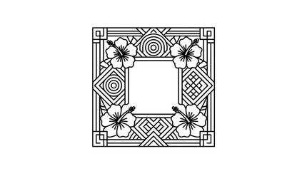 Decorative Square Geometric Frame Ornament with Four Hibiscus Flowers Line Art © Mas