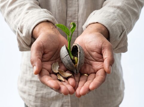 Two hands holding cracked seed pod with green sprout growing out