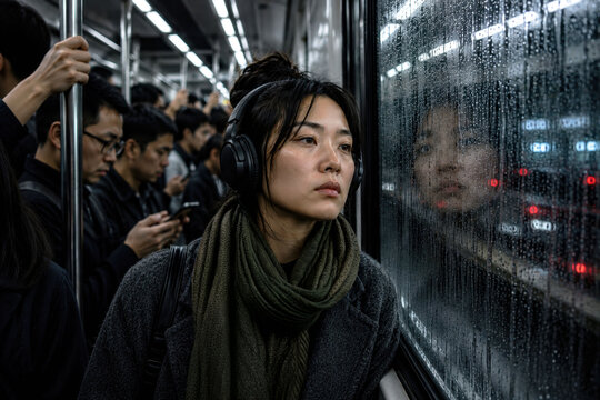 White Noise &mdash; Emotionally disconnected commuter lost in thought during a crowded subway ride on a rainy evening