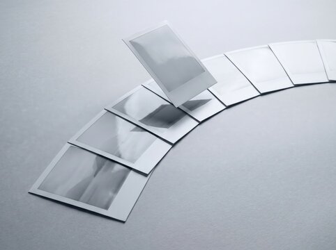 Blank instant photo prints arranged in curved arc, fading memory