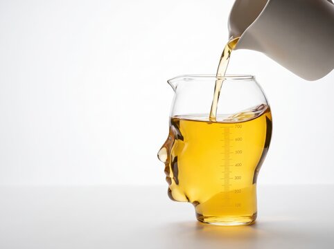 Amber liquid pouring into glass head-shaped beaker on white background
