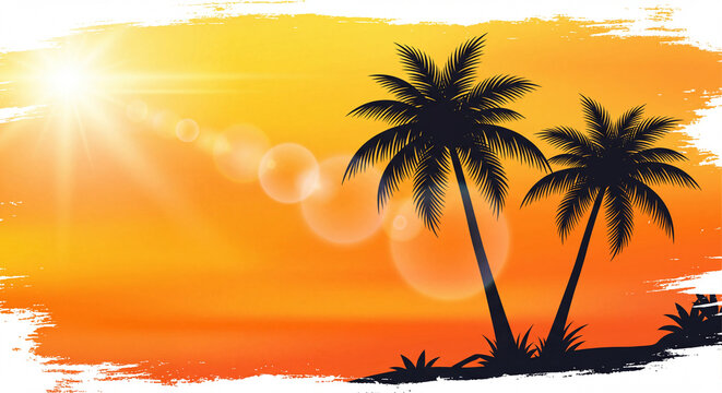 Tropical sunset background, palm tree silhouettes, orange summer sky with lens flare