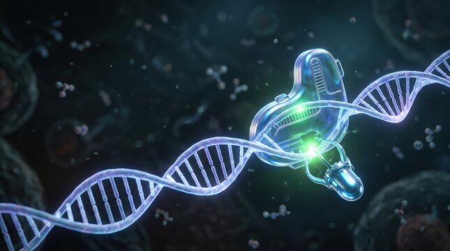 Futuristic nanobot modifying a DNA double helix strand. 3D render of microscopic nanotechnology representing genetic engineering, CRISPR, and advanced medical science.