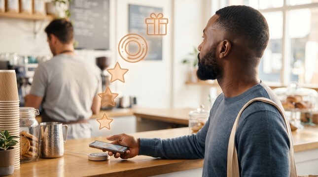 Bearded man tapping phone near cafe counter, loyalty rewards