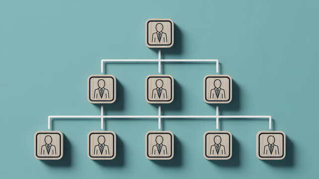 Corporate Hierarchy Organizational Chart with Wooden Blocks and User Icons for Business Management
