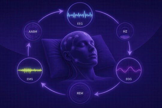 Sleep study interface with EEG EMG EOG and REM cycle in futuristic 3D render
