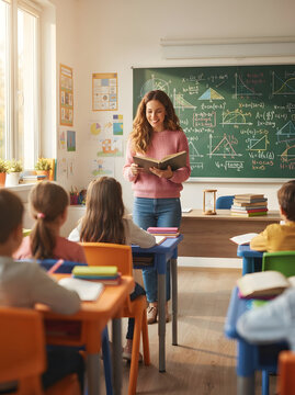 Teacher Reading Book to Elementary School Students in Modern Classroom with Math Lesson on Chalkboard