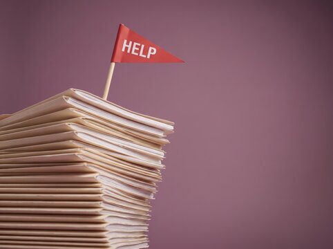 Stack of paper folders with red HELP flag, paperwork overload