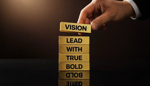 Businessman hand placing a golden wooden block with the word vision on top of a stack reading lead with true bold